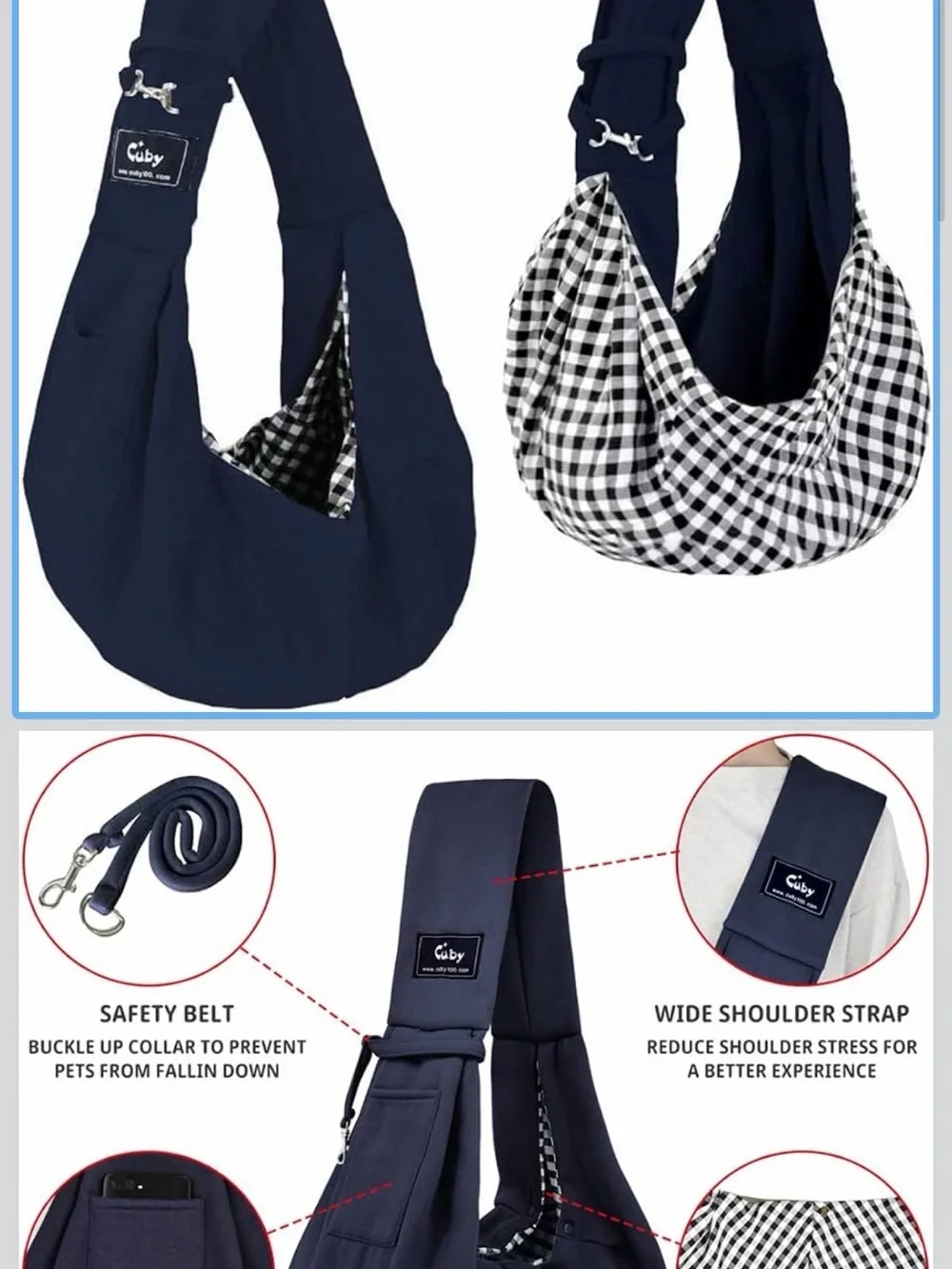 Dog cat small pet Sling Carrier in Navy Blue gingham Hands-Free Pet Carrier Cuby